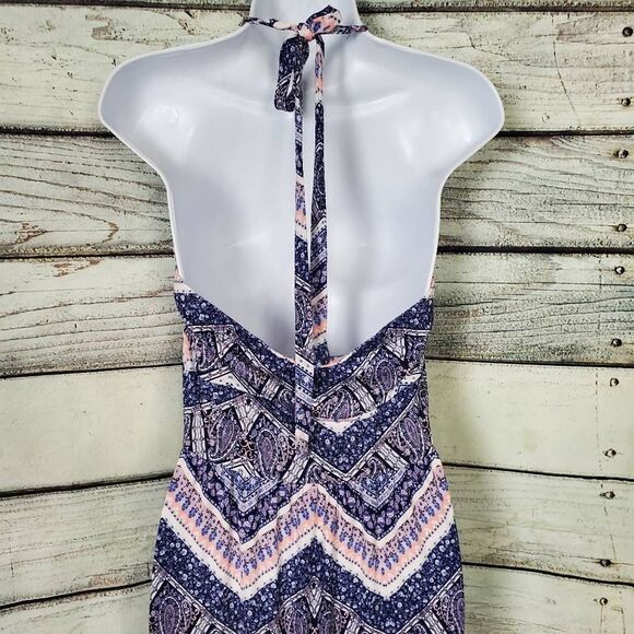 Vanity Chevron Lace Halter Maxi Dress Boho Festival Navy Pink Women’s Large - Picture 6 of 9